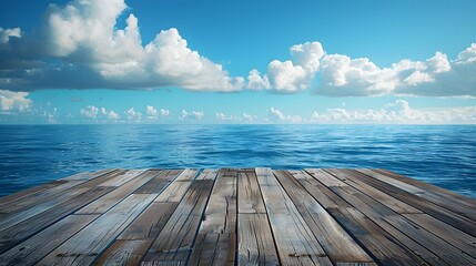 Wall Mural - wooden floor, blue sky and white clouds, sea background, blue ocean, perspective view of the wooden 