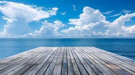 Wall Mural - wooden floor, blue sky and white clouds, sea background, blue ocean, perspective view of the wooden 