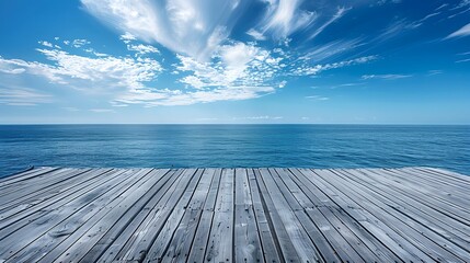 Wall Mural - wooden floor, blue sky and white clouds, sea background, blue ocean, perspective view of the wooden 