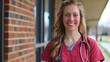 © Alexander Kurilchik - Smiling Female Nurse in Red Scrubs with Stethoscope Outside Hospital