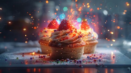 Poster - Conceptualize baked goods that emit colorful sparks when bitten into. Generative AI.