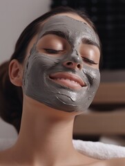 Wall Mural - A woman with a grey face mask on her face. She is smiling and looking at the camera