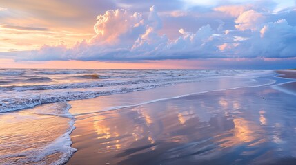 Wall Mural - A serene beach at sunrise, with gentle waves lapping at the shore and pastel colors filling the sky, reflecting off the wet sand.