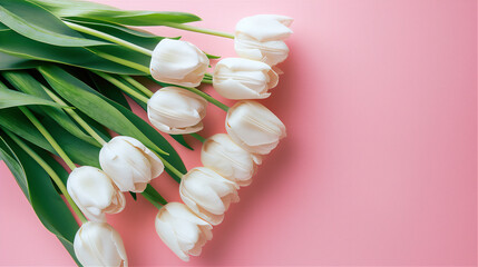 Wall Mural - A bouquet of blossom white tulip flowers isolated on pink background, summer time illustration.