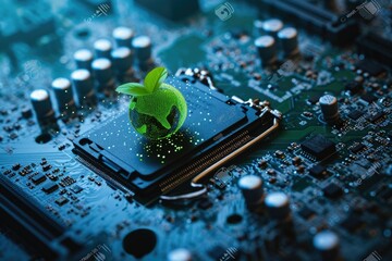 A computer chip with a green apple on it. The apple is surrounded by a glowing green light