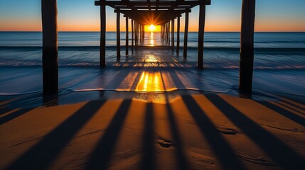 Wall Mural - A serene moment at sunrise on a beach with the silhouette of a jetty extending into the sea, the wooden structure casting long shadows over the water.