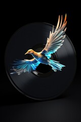Wall Mural - A colorful bird is flying over a record. The bird is blue and white, and it is surrounded by a black background. Concept of freedom and creativity, as the bird is soaring over the record