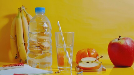 Wall Mural - A glass of water sits next to a plate of sliced apples and oranges. Concept of health and wellness, as the fruits and water are all nutritious and hydrating. The yellow background adds a warm