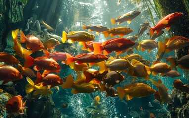 A group of fish swimming in a tank with a waterfall in the background