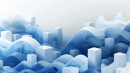 Leinwandbilder - Minimalist vector graphic of an abstract floating blocks, blue and white color palette, white background, simple design, flat illustration, in the style of an abstract waves. Generative AI.