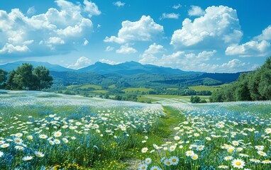 Wall Mural - A field of flowers with a path through it