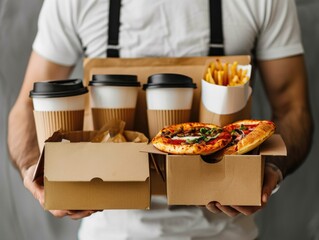 Wall Mural - A man is holding a box of pizza and a box of fries