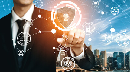 Poster - cyber security and digital data protection concept. icon interface showing secure firewall technolog