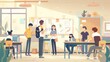 © Analogue - A group of student characters in a 2D flat style illustration, engaging in a collaborative project. The background includes a simple classroom setting with a few desks and project materials.