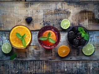 Sticker - Three different colored drinks with fruit garnish on a wooden table. The drinks are orange, blackberry, and lime