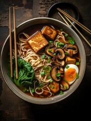 Wall Mural - A bowl of soup with noodles, tofu, and mushrooms. The bowl is on a wooden table