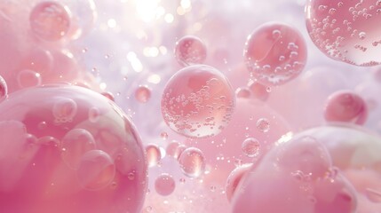 Wall Mural - A breathtaking scene of cosmetic essence encapsulated in liquid bubbles, with molecular structures visible within each bubble, set against a backdrop of water ripples