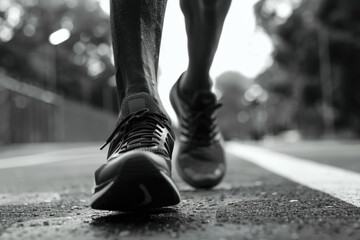 Poster - A person is running on a track with their feet in the air. The image is in black and white and has a moody, dramatic feel to it