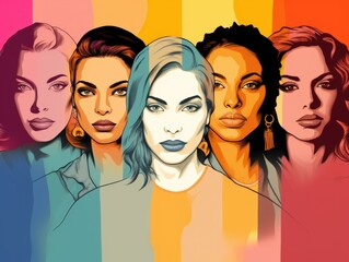 Wall Mural - A group of women with different hair colors and styles. The image is a collage of different women's faces, with each woman's face being a different color