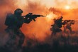 © Boraryn - Army soldiers in the fog against a sunset, marines team in action, surrounded fire and smoke, shooting with assault rifle and machine gun, attacking enemy