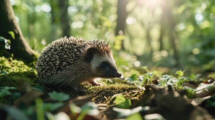 Wall Mural - A hedgehog is standing on a mossy patch of ground in a forest. Concept of tranquility and natural beauty, as the hedgehog blends seamlessly into its surroundings