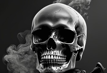Black and white image of a human skull in smoke 