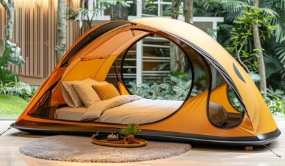 Sticker - A yellow tent with a bed inside of it