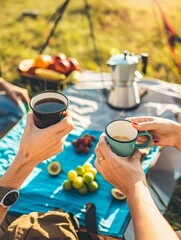 Wall Mural - Two people are sitting on a blanket and holding cups of coffee