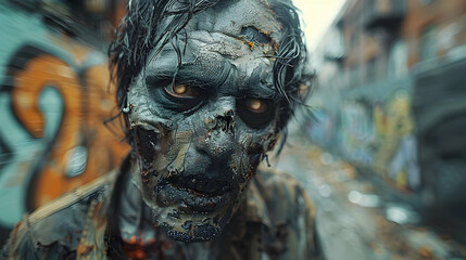  A detailed close-up of a zombie costume, showcasing realistic makeup and tattered clothes, in an urban alleyway with graffiti