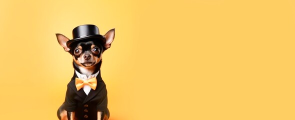 Portrait of a chihuahua dog in a suit and bow tie with a top hat isolated on a color  background, a funny animal concept for a party or wedding invitation card, copy space for text