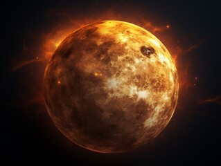 Wall Mural - Fiery, detailed image of a burning planet or star against a dark space background with sparks and molten surface, creating a dramatic celestial scene.