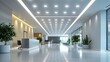 © visoot - White square LED down lights are installed in an office interior showcasing the modern design and lighting, featuring suspended white square tiles on high ceilings. Generative AI.