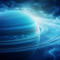 Wall Mural - Mystical blue planet with glowing rings in a vibrant cosmic background, beautifully illustrating the wonders of outer space and astronomy.