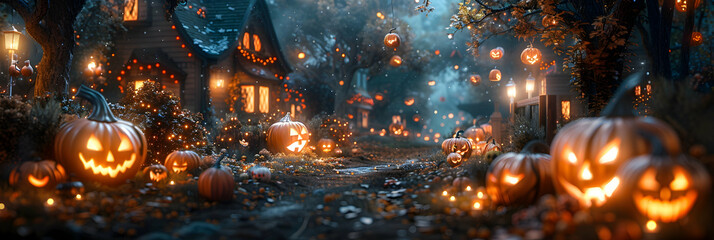 Wall Mural -  A night scene of children trick-or-treating in a suburban neighborhood, with glowing jack-o'-lanterns and spooky decorations on every porch