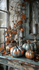 Wall Mural -  A rustic table adorned with various sizes of pumpkins, candles, and autumn leaves, captured in soft light