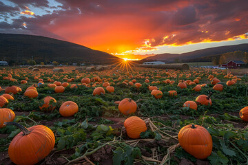 Wall Mural -  A wide shot of a pumpkin patch at sunset, with families picking pumpkins, the sky ablaze with warm colors, and hay bales in the background