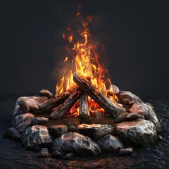 Wall Mural - A fire is burning in a pile of wood, surrounded by rocks