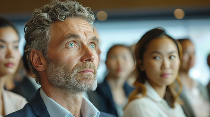 Wall Mural - A man with a beard and gray hair is looking at a group of people