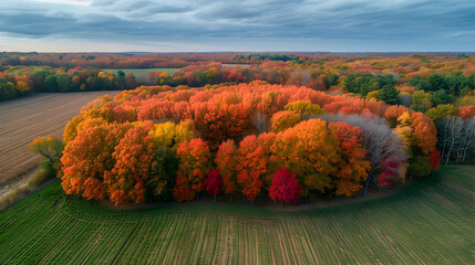 Wall Mural - Aerial view of a vibrant October landscape captured with a drone equipped with HDR (High Dynamic Range) photography, showcasing the vivid colors of autumn foliage in exquisite