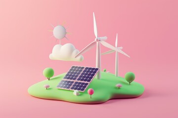 Wall Mural - 3d illustration of a windmill and trees with a solar panel