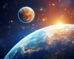 Wall Mural - Stunning space scene with a view of Earth and a distant planet, illuminated by the sun with scattered stars in the background. Cosmic beauty.