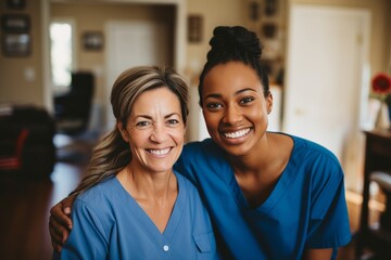 Two women in blue scrubs are smiling at the camera