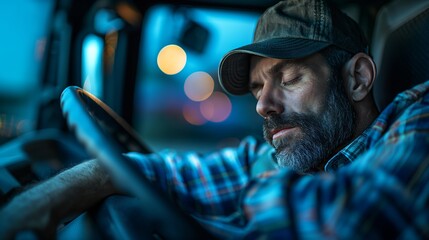 A truck driver sleeping in the cabin of his lorry, with closed eyes and wearing cap. Closeup portrait of professional worker at work. Side view of tired truck driver. Truckers life theme.