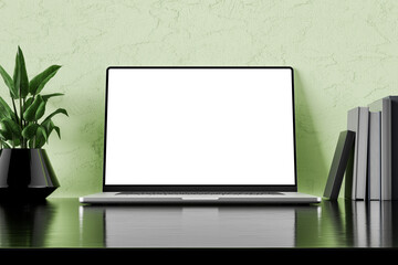Poster - Modern workspace with a blank laptop screen for customization, green potted plant, and stacked books on a sleek black desk. Minimalistic home office or study area with a light green textured wall.