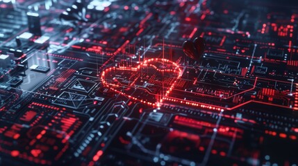 Wall Mural - A striking image portraying the fusion of a heartbeat line and digital AI code, symbolizing the convergence of technology and healthcare in optimizing real-time patient monitoring 