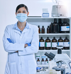 Aufkleber - Arms crossed, mask and portrait with science woman in laboratory for breakthrough or research. Healthcare, innovation and medical with confident scientist in hospital for pharmaceutical development