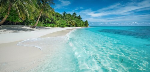 Wall Mural - A tranquil beach with crystal clear turquoise waters gently washing over white sand, framed by lush green palm trees under a bright blue sky.