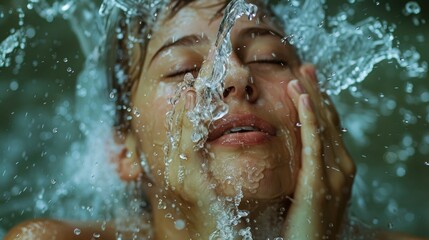 Close-up of a woman's face as water splashes over her.