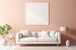 © NUSRAT ART - A sleek living room in shades of soft peach, featuring minimalist furniture and an empty white frame mockup on the wall.