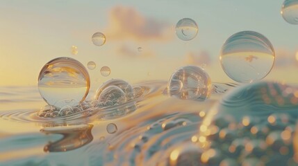 Wall Mural - An exquisite visual of liquid bubbles containing cosmetic essence, each bubble showcasing a delicate molecule swirling within, against a serene water background, 